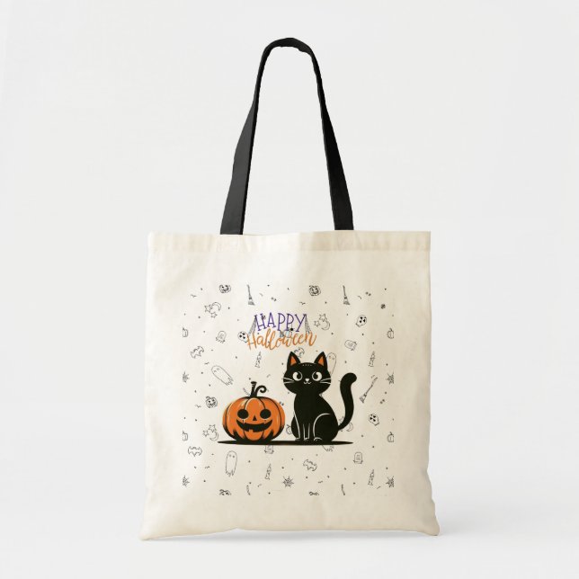 Bolsa Tote Gato feliz de Halloween & abóbora (Frente)