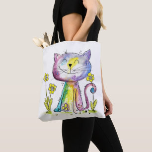 Bolsa Tote Gato Feliz e Bonito com Flor Amarelo