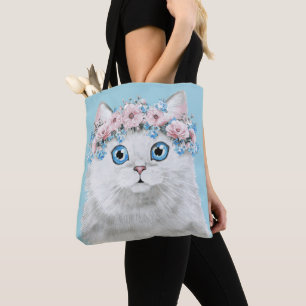 Bolsa Tote Gato floral branco doce