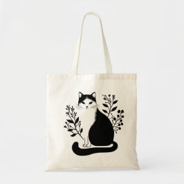 Bolsa Tote Gato Floral Negro e Branco