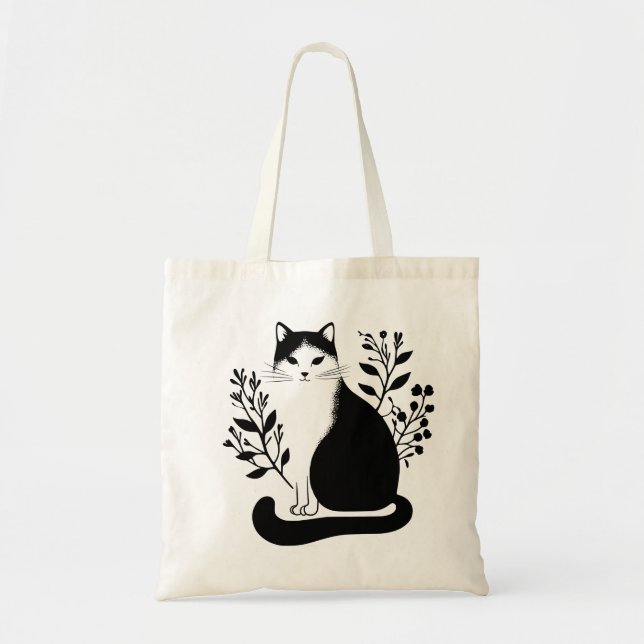 Bolsa Tote Gato Floral Negro e Branco (Frente)
