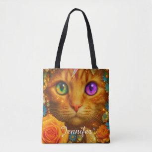 Bolsa Tote Gato Floral Sonho Místico com Olhos de Arco-Íris