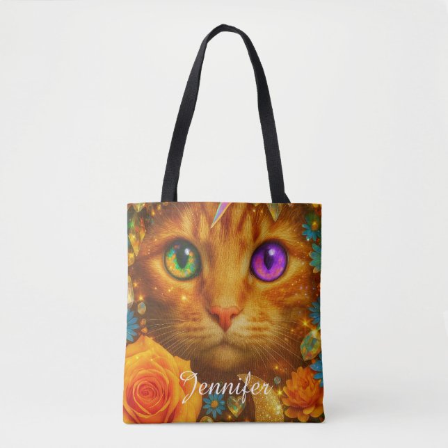 Bolsa Tote Gato Floral Sonho Místico com Olhos de Arco-Íris   (Frente)