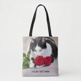 Bolsa Tote Gato fofo com a rosa vermelha