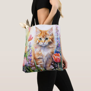 Bolsa Tote Gato Gatinho Laranja Aquarela No Jardim De Flores