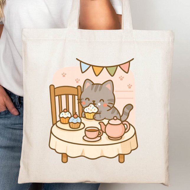 Bolsa Tote Gato Gato Bestial Kawaii Roubando um Cupcake (Criador carregado)