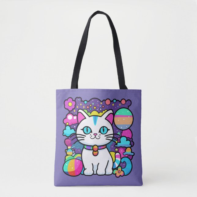 Bolsa Tote Gato Gato Gato Gato do Espaço Cósmico Branco (Frente)
