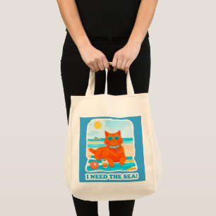 Bolsa Tote Gato Gengibre na Praia Preciso do Mar Verão
