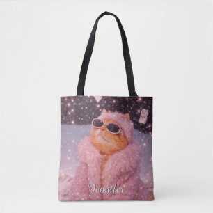 Bolsa Tote Gato Glam Money com Casaco de Pelúcia Rosa e Óculo