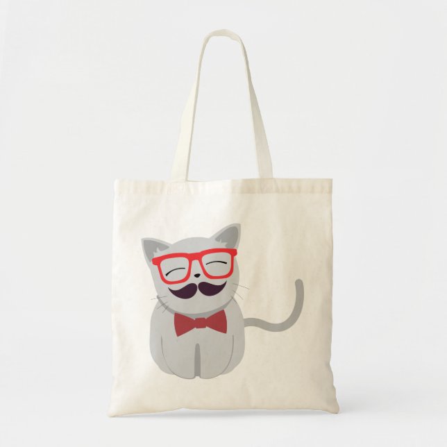 Bolsa Tote Gato hipster com bigode e tigela (Frente)