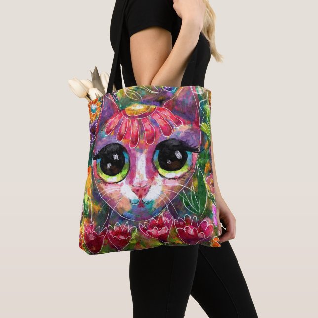 Bolsa Tote Gato Impressionista Whimsical de Olhos Grandes em  (Close Up)