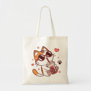 Bolsa Tote Gato Kawaii com Boba Tea Tote Bag - Corações e Est