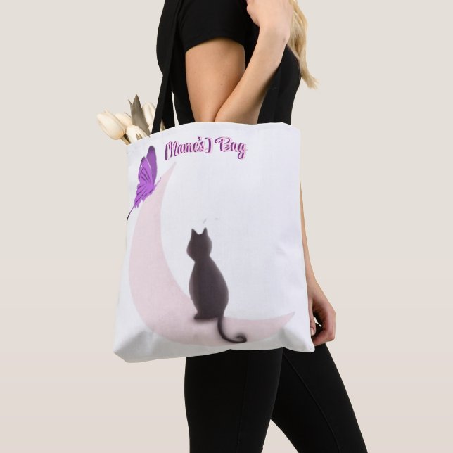Bolsa Tote Gato Kawaii Fofo na Lua com Borboleta Personalizad (Close Up)