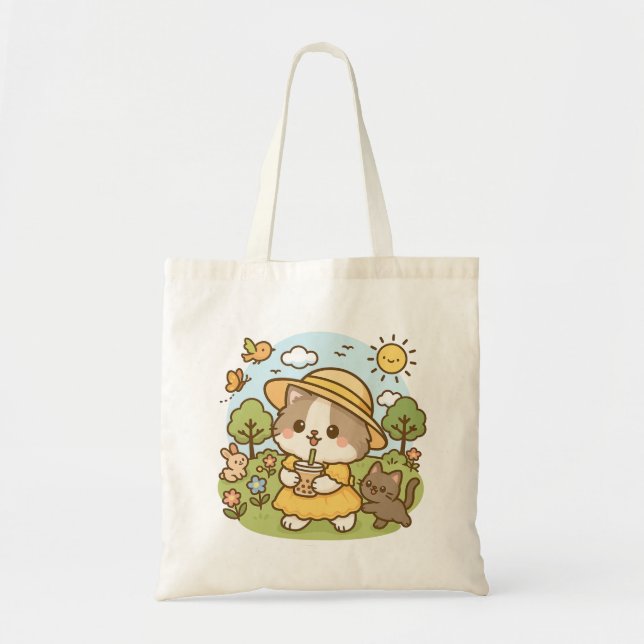 Bolsa Tote Gato Kawaii Gelado Bebendo de Vestido Amarelo Chá (Frente)