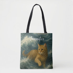 Bolsa Tote Gato Laranja Corajoso Montando Ondas do Oceano