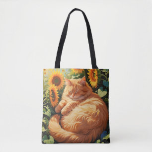 Bolsa Tote Gato Laranja Gordo Sonolento com Girassóis