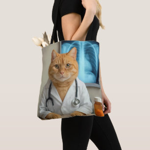 Bolsa Tote Gato Laranja Vestindo Jaleco de Laboratório Médico