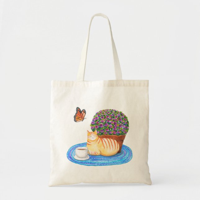 Bolsa Tote Gato Listrado Laranja com Borboleta Monarca Arte d (Frente)