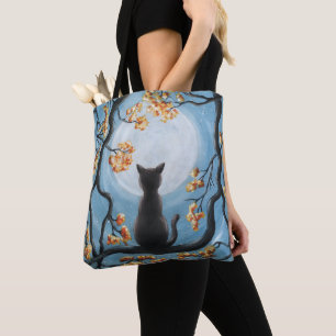 Bolsa Tote Gato lunático na pintura da Lua cheia da árvore