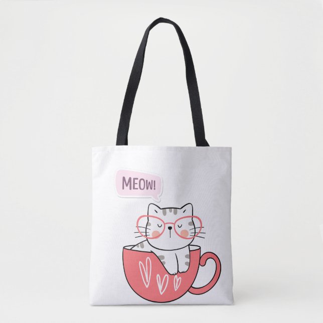 Bolsa Tote gato miando numa xícara (Frente)