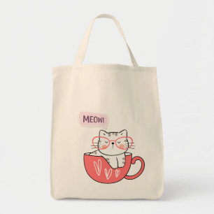 Bolsa Tote gato miando numa xícara