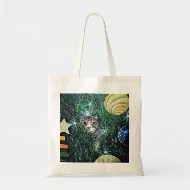 Bolsa Tote Gato na pintura da árvore de Natal (Frente)