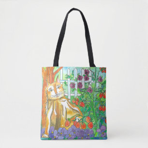 Bolsa Tote Gato Na Pintura De Aquarela De Jardim Vegetal