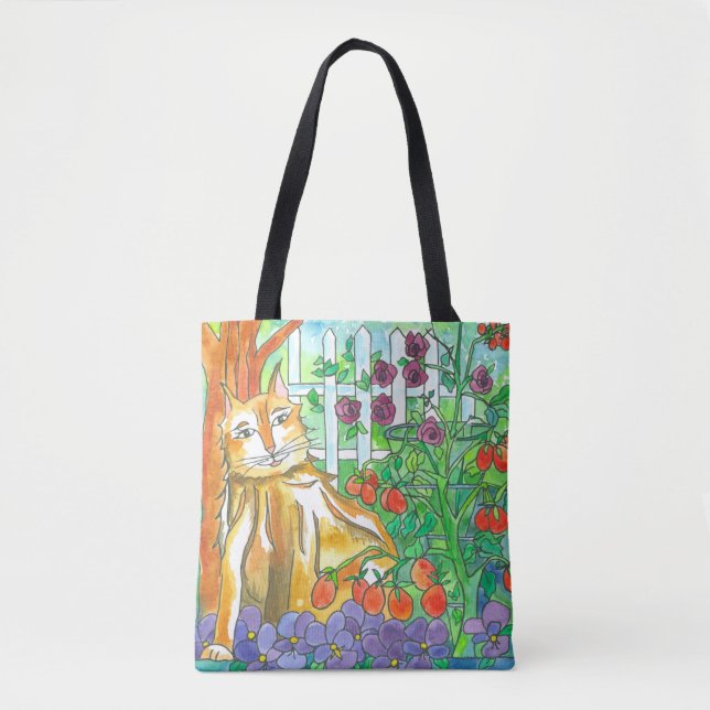 Bolsa Tote Gato Na Pintura De Aquarela De Jardim Vegetal (Frente)