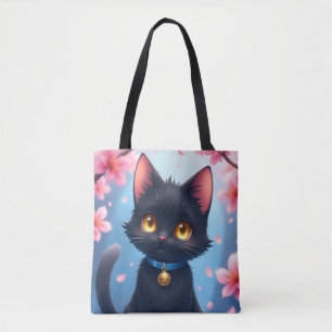Bolsa Tote Gato Negro Bonito com Flores Sakura Saco