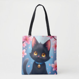 Bolsa Tote Gato Negro Bonito com Flores Sakura Saco