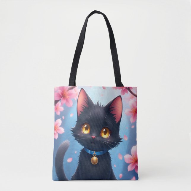 Bolsa Tote Gato Negro Bonito com Flores Sakura Saco (Frente)