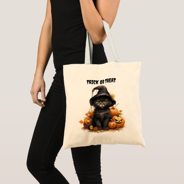 Bolsa Tote Gato Negro Bruxo de Chapéu Crianças de Halloween T (Frente (produto))