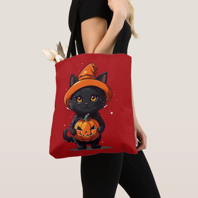Bolsa Tote Gato Negro com Lanterna Jack-O (Close Up)