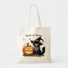 Bolsa Tote Gato Negro de Halloween no Truque de Chapéu de Bru