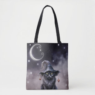 Bolsa Tote Gato Negro de Halloween Vestindo um Chapéu de Brux