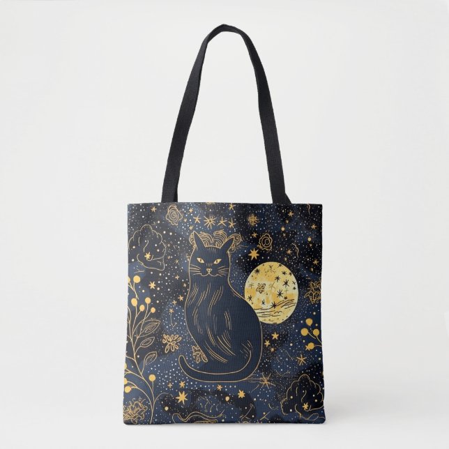 Bolsa Tote Gato Negro do Céu Estrelado (Frente)