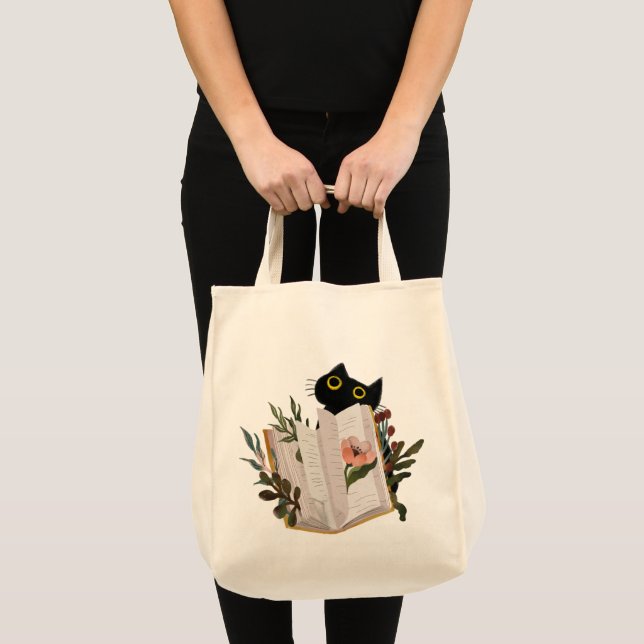 Bolsa Tote Gato Negro e Livro Floral (Frente (produto))