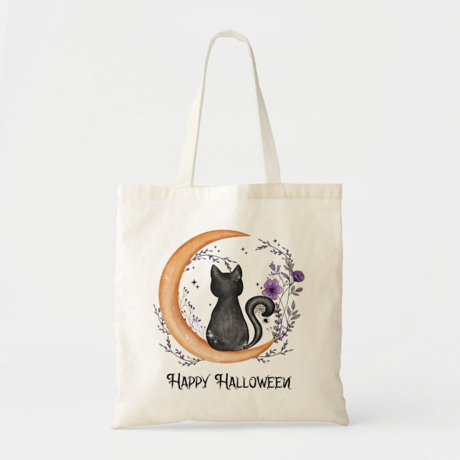 Bolsa Tote Gato Negro e Lua Crescente para Feliz Halloween (Frente)