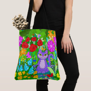 Bolsa Tote Gato no Jardim Fantasia Flores Borboletas Joaninha