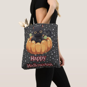 Bolsa Tote Gato Preto Abóbora Bolinhas Preto Feliz Halloween