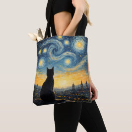 Bolsa Tote Gato Preto Artístico e Cidade Celestial Reutilizáv