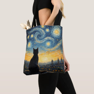 Bolsa Tote Gato Preto Artístico e Cidade Celestial Reutilizáv