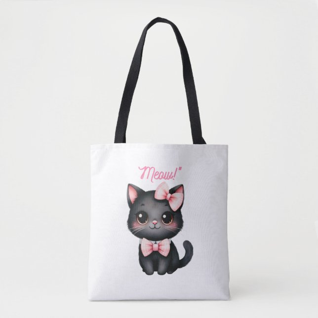 Bolsa Tote Gato preto bonito com Arco para decoração de Hallo (Frente)