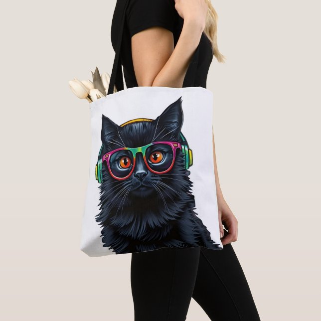 Bolsa Tote Gato preto bonito com óculos e fones de ouvido (Close Up)