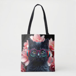 Bolsa Tote Gato preto bonito com óculos e fones de ouvido