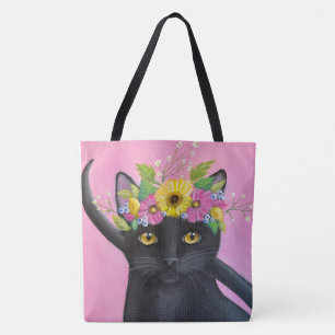 Bolsa Tote Gato Preto Caprichoso e Flores 