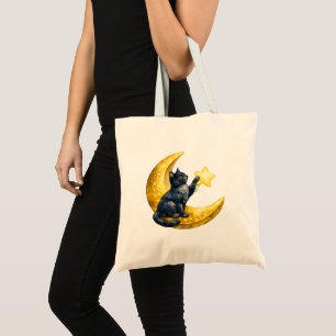 Bolsa Tote Gato Preto Caprichoso em Aquarela na Lua Crescente