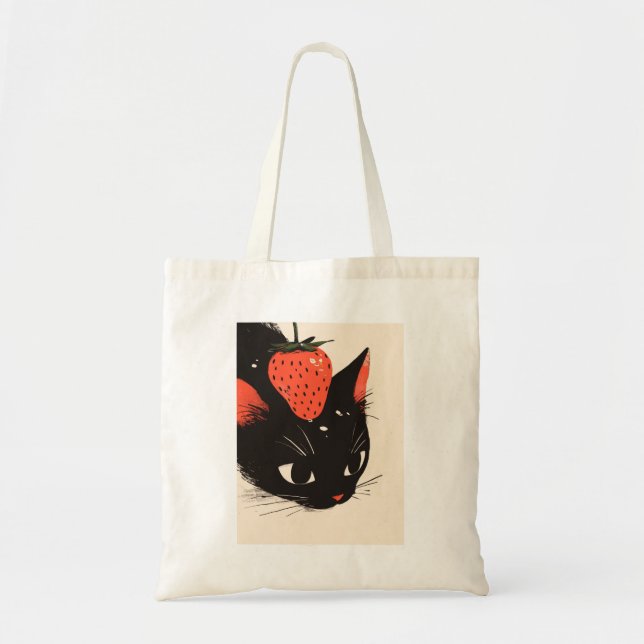 Bolsa Tote Gato Preto Cinto Com Saco De Morango (Frente)