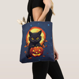 Bolsa Tote Gato Preto com Abóbora de Halloween