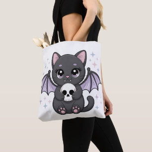 Bolsa Tote Gato Preto com Asas de Morcego Roxas Abraçando uma
